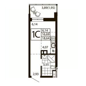 1-к квартира, строящийся дом, 18м2, 19/24 этаж
