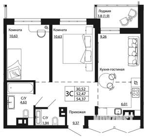 2-к квартира, строящийся дом, 54м2, 15/24 этаж