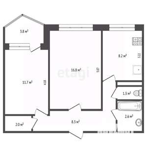 2-к квартира, вторичка, 53м2, 8/9 этаж