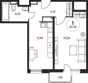 1-к квартира, вторичка, 37м2, 13/25 этаж