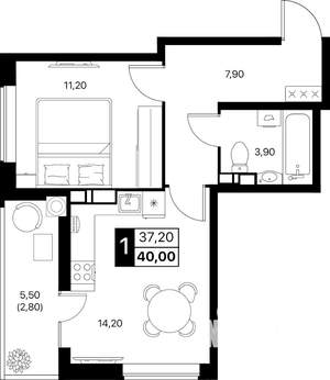 1-к квартира, вторичка, 40м2, 3/12 этаж