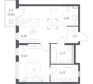 1-к квартира, вторичка, 49м2, 8/17 этаж