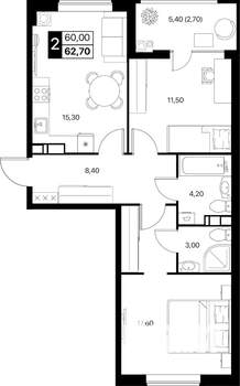 2-к квартира, вторичка, 63м2, 8/12 этаж