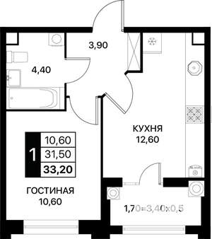 1-к квартира, вторичка, 33м2, 2/12 этаж