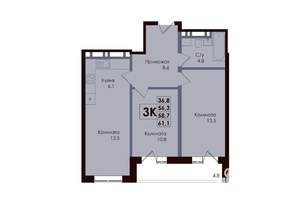 3-к квартира, вторичка, 59м2, 3/25 этаж