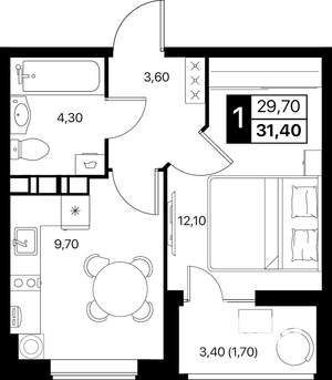 1-к квартира, вторичка, 31м2, 3/12 этаж