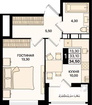 1-к квартира, вторичка, 35м2, 12/15 этаж