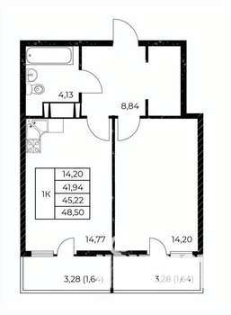 1-к квартира, строящийся дом, 49м2, 23/25 этаж