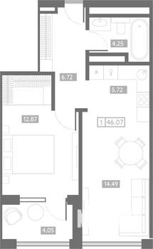 1-к квартира, вторичка, 46м2, 18/24 этаж
