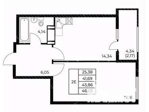 1-к квартира, вторичка, 46м2, 15/25 этаж