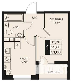 1-к квартира, строящийся дом, 32м2, 6/12 этаж
