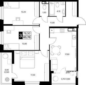 3-к квартира, строящийся дом, 84м2, 12/12 этаж
