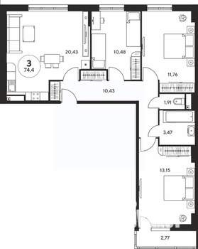 3-к квартира, вторичка, 74м2, 22/25 этаж