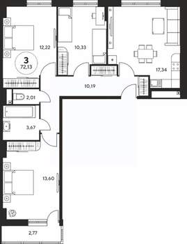 3-к квартира, вторичка, 72м2, 3/25 этаж
