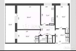 3-к квартира, вторичка, 57м2, 1/16 этаж