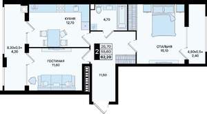 2-к квартира, вторичка, 62м2, 1/15 этаж