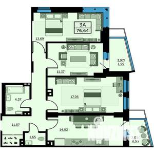 3-к квартира, строящийся дом, 77м2, 3/25 этаж