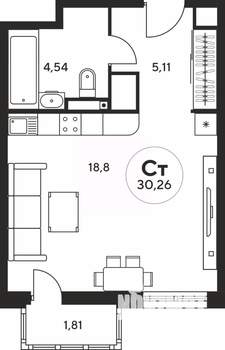 Студия квартира, вторичка, 30м2, 15/25 этаж