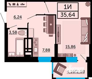 1-к квартира, строящийся дом, 36м2, 8/24 этаж