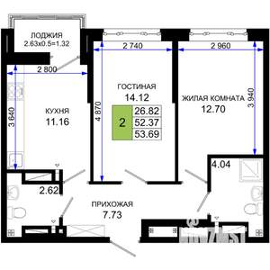 2-к квартира, строящийся дом, 54м2, 21/25 этаж