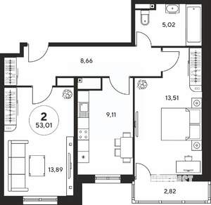 2-к квартира, вторичка, 53м2, 16/25 этаж