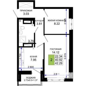 2-к квартира, вторичка, 42м2, 9/25 этаж