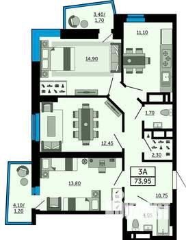 3-к квартира, вторичка, 74м2, 14/19 этаж