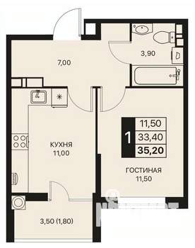 1-к квартира, строящийся дом, 35м2, 8/12 этаж