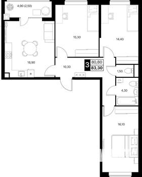 3-к квартира, вторичка, 83м2, 2/12 этаж