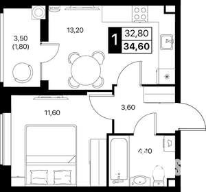 1-к квартира, вторичка, 35м2, 2/12 этаж
