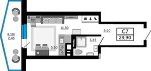 Студия квартира, вторичка, 30м2, 2/19 этаж