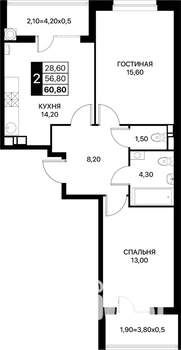 2-к квартира, вторичка, 61м2, 6/12 этаж