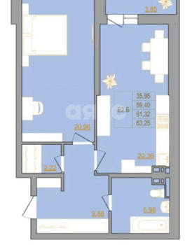 2-к квартира, вторичка, 64м2, 2/22 этаж