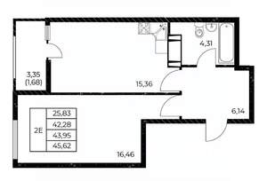 1-к квартира, вторичка, 46м2, 7/25 этаж