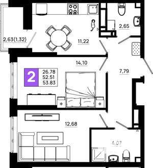 2-к квартира, вторичка, 54м2, 14/21 этаж