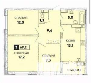 3-к квартира, вторичка, 68м2, 23/24 этаж