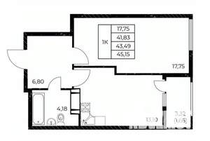 1-к квартира, строящийся дом, 45м2, 21/25 этаж