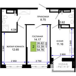 2-к квартира, вторичка, 55м2, 12/25 этаж