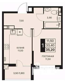 1-к квартира, строящийся дом, 35м2, 4/12 этаж