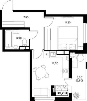 1-к квартира, вторичка, 40м2, 5/12 этаж