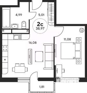 2-к квартира, вторичка, 39м2, 25/25 этаж