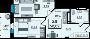 2-к квартира, вторичка, 50м2, 15/25 этаж