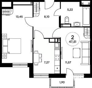 2-к квартира, вторичка, 45м2, 15/25 этаж