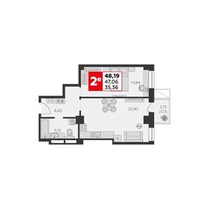 2-к квартира, строящийся дом, 48м2, 3/22 этаж