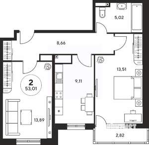 2-к квартира, вторичка, 53м2, 14/25 этаж