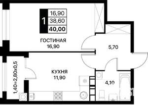 1-к квартира, вторичка, 40м2, 6/12 этаж