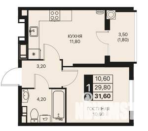 1-к квартира, строящийся дом, 32м2, 2/12 этаж