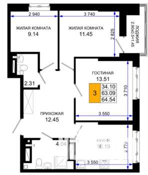 3-к квартира, вторичка, 65м2, 14/25 этаж
