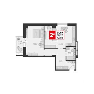 2-к квартира, строящийся дом, 62м2, 1/22 этаж