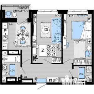2-к квартира, строящийся дом, 55м2, 17/25 этаж